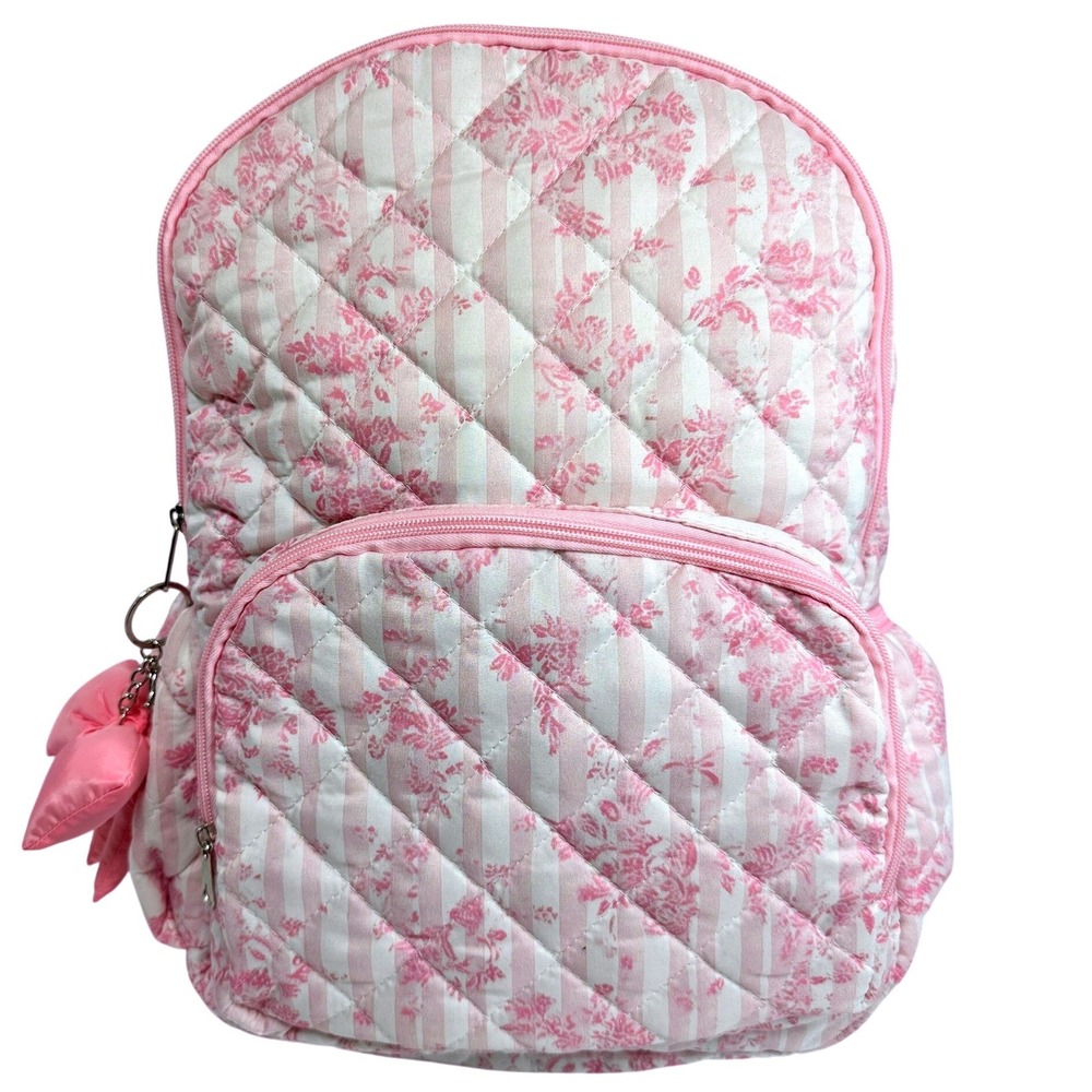 Girls Love At First Sight Backpack Kids Pink Floral Stripe Quilted New With Bow